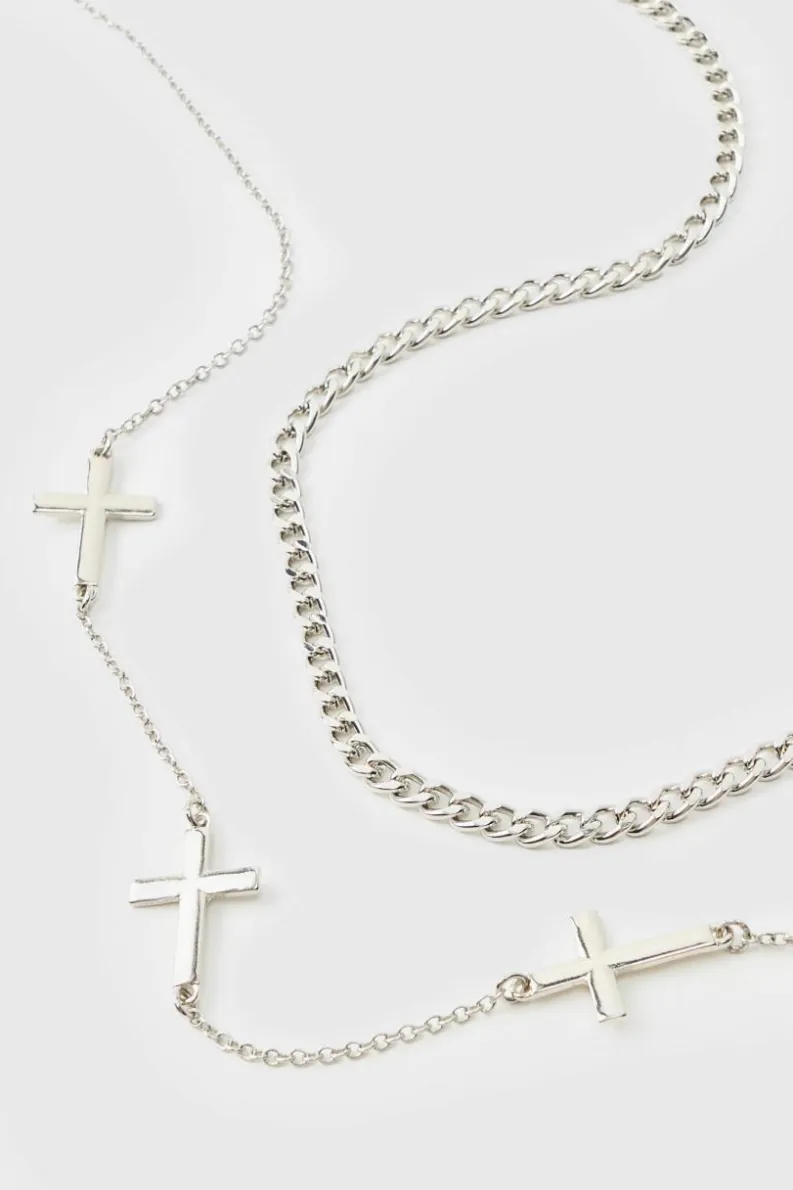 Fashion boohooMAN Layered Necklace with Cross Charms silver