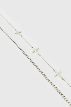 Fashion boohooMAN Layered Necklace with Cross Charms silver