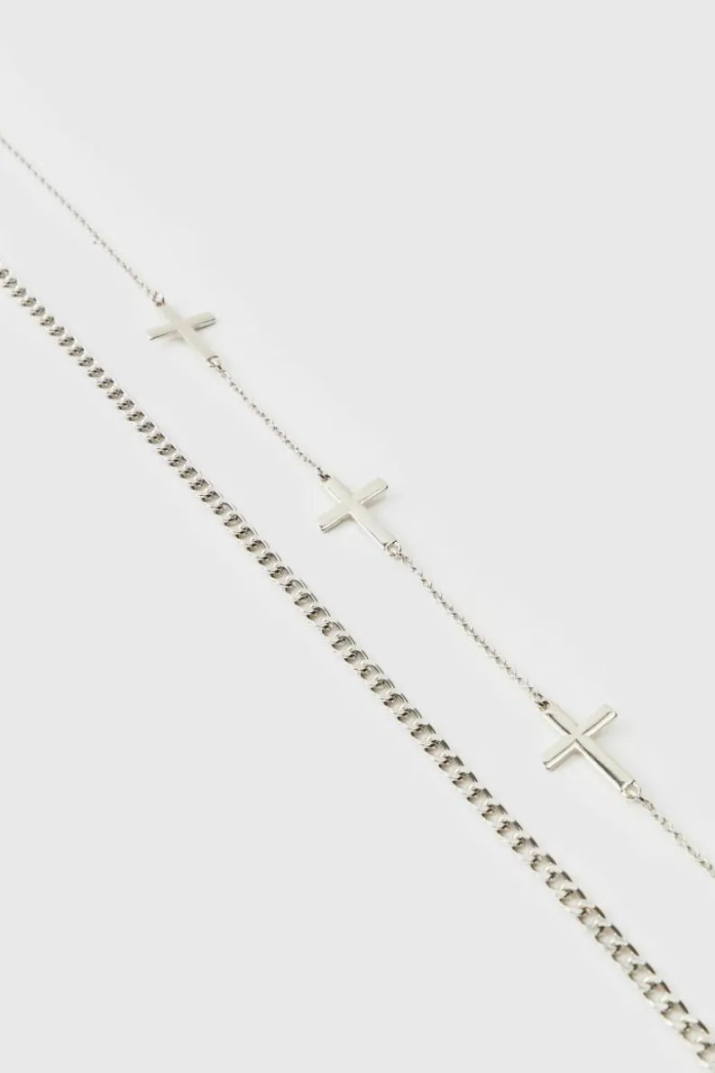 Fashion boohooMAN Layered Necklace with Cross Charms silver