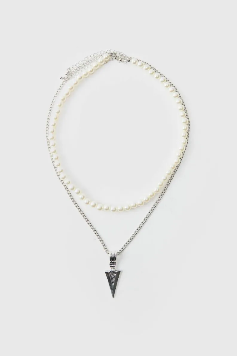 Cheap boohooMAN Layered Pearl Necklace With Spike Charm silver
