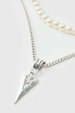 Cheap boohooMAN Layered Pearl Necklace With Spike Charm silver