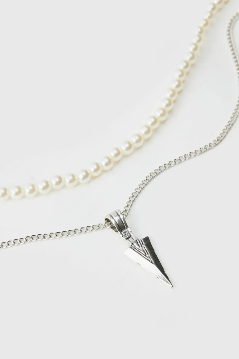 Cheap boohooMAN Layered Pearl Necklace With Spike Charm silver
