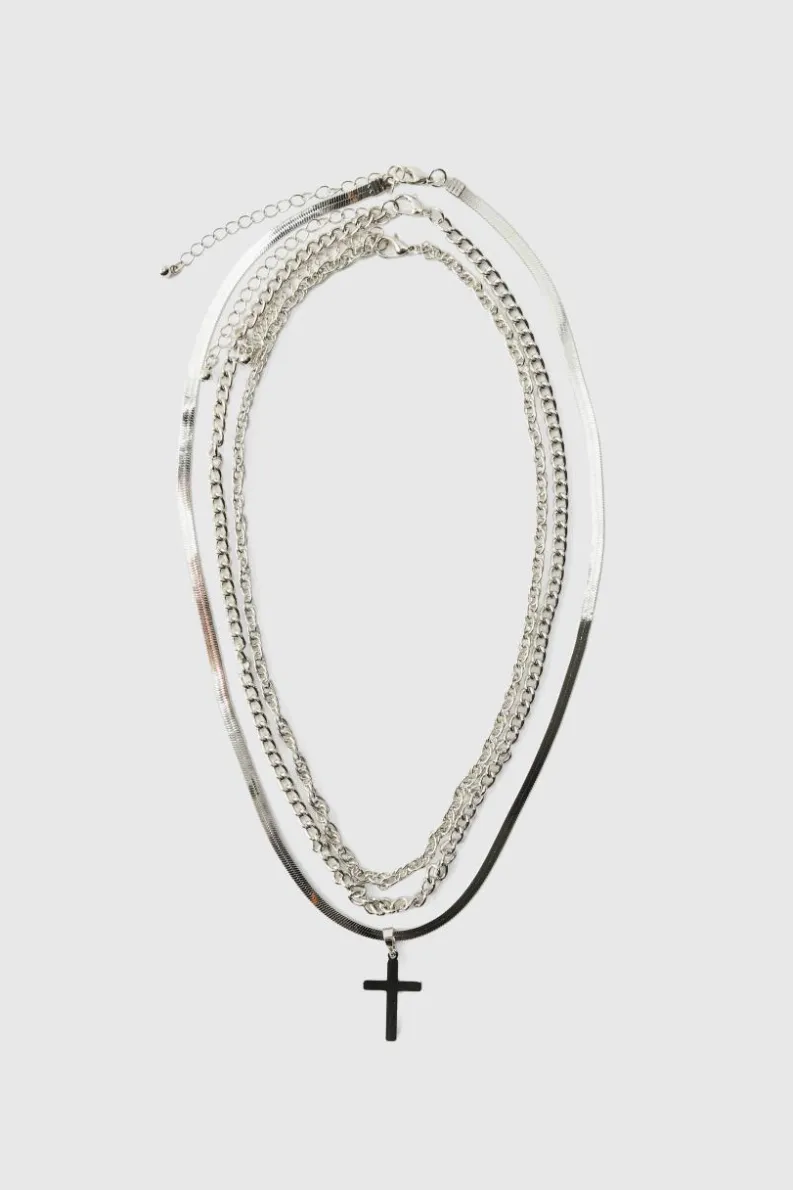Cheap boohooMAN Layered Cross Necklace silver