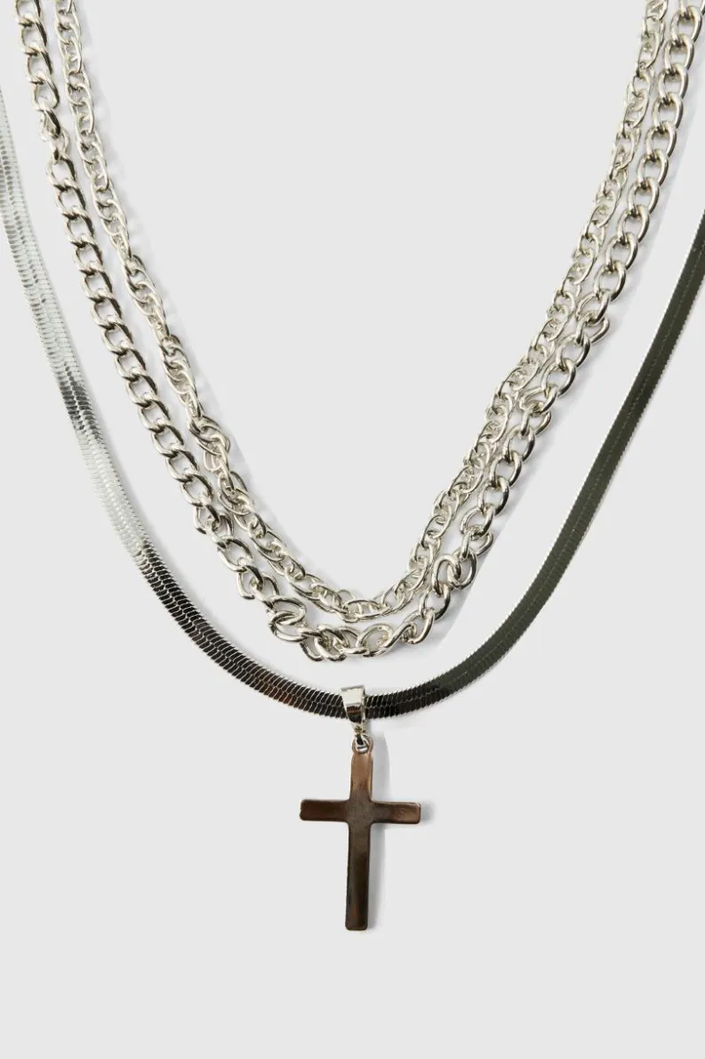 Cheap boohooMAN Layered Cross Necklace silver