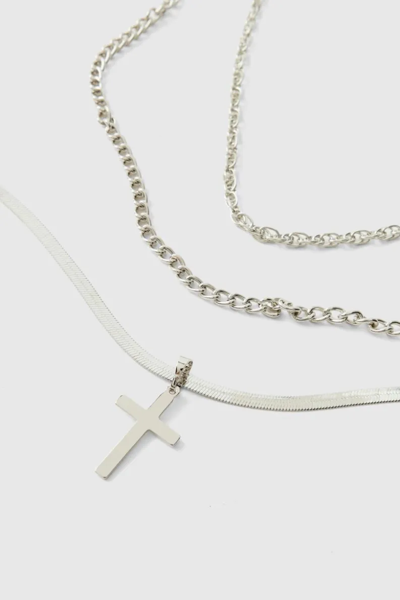 Cheap boohooMAN Layered Cross Necklace silver