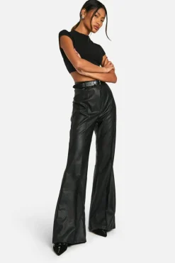Flash Sale boohoo Leather Look High Waisted Seam Front Flared Trousers black