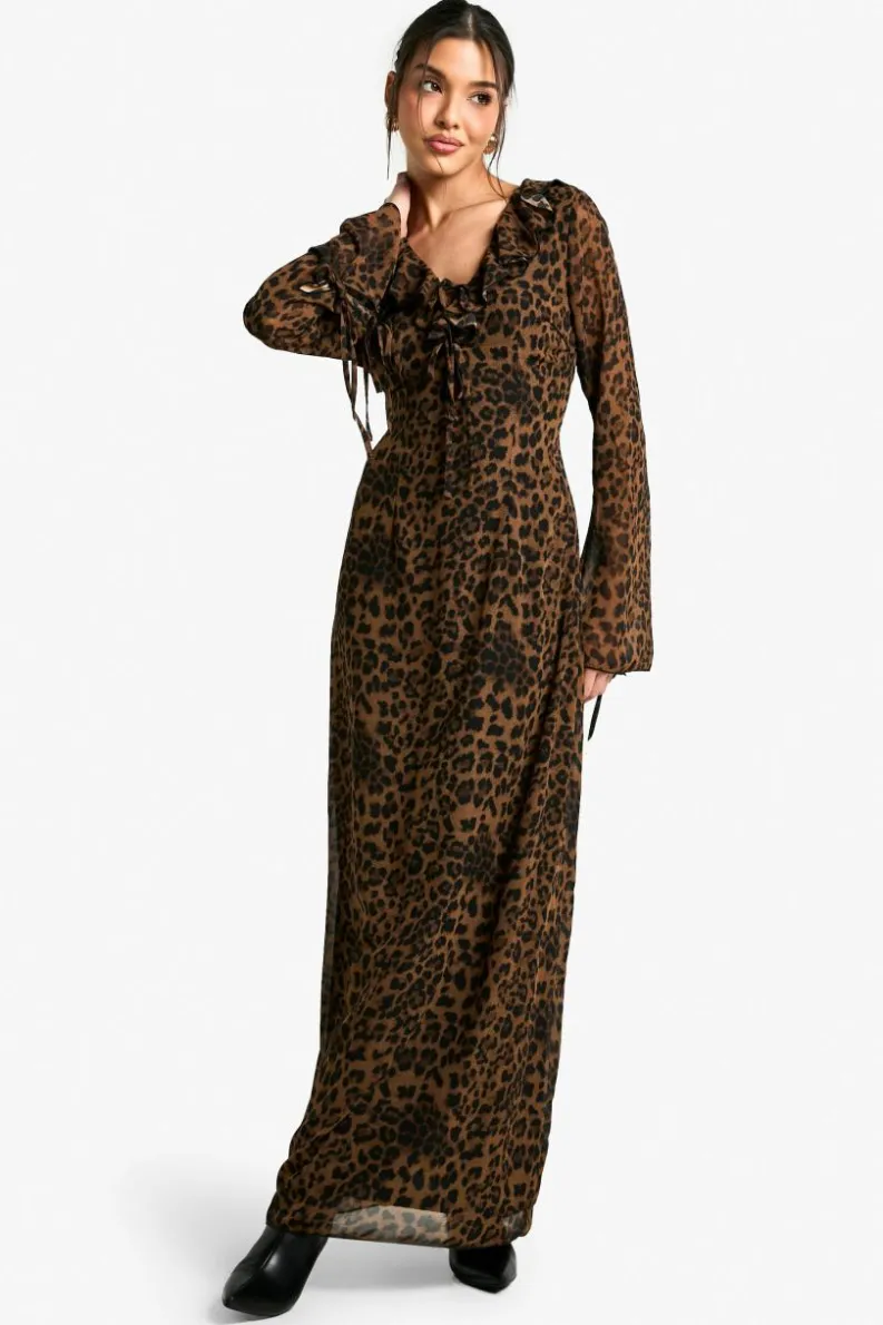 Clearance boohoo Chiffon Ruffle Shift Maxi Dress leopard