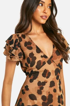 Cheap boohoo Leopard Crinkle Chiffon Angel Sleeve Maxi Dress brown
