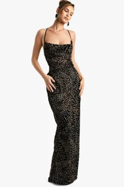 Cheap boohoo Leopard Devore Cowl Neck Tie Back Maxi Dress brown