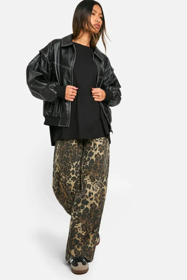 Best boohoo Leopard Print Denim Wide Leg Jean brown
