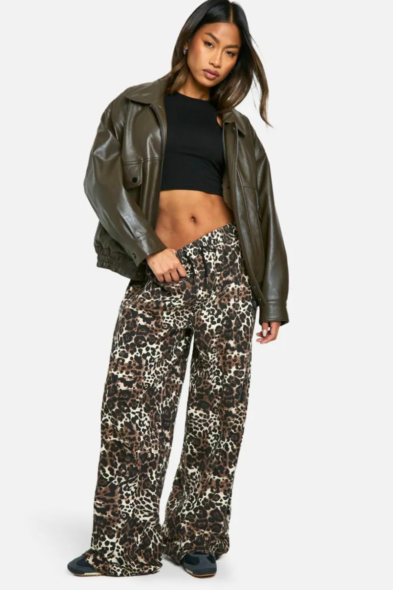 Store boohoo Print Elasticated Waist Wide Leg Jeans leopard