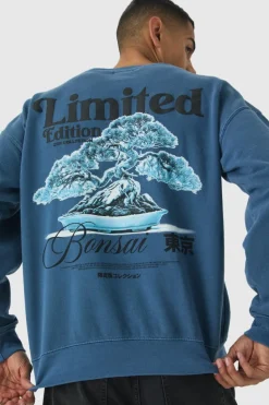 Best boohooMAN Limited Edition Bonsai Puff Print Washed Sweatshirt slate blue