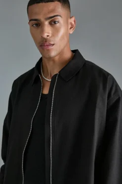 Fashion boohooMAN Linen Mix Relaxed Harrington Jacket black