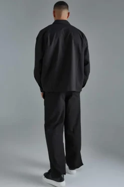 New boohooMAN Linen Mix Smart Split Hem Straight Trousers black