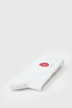 Shop boohooMAN Lips Embroidered Half Terry Socks white