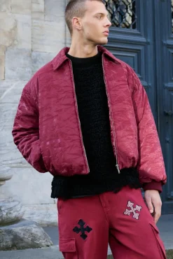 Online boohooMAN Liquid Satin Pu Padded Colla Bomber Jacket In red