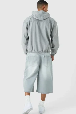 Shop boohooMAN Long Line Denim Jorts In Grey Wash light grey