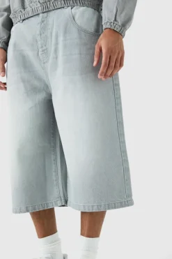 Shop boohooMAN Long Line Denim Jorts In Grey Wash light grey