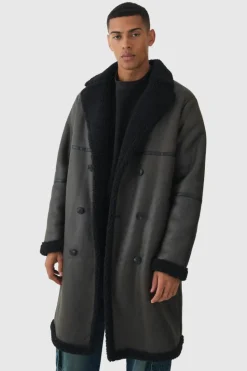Shop boohooMAN Longline Double Breasted Borg Overcoat In dark brown