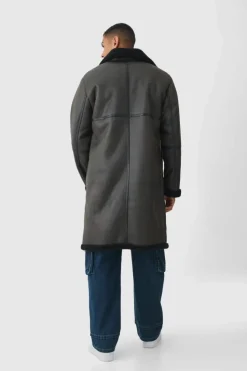 Shop boohooMAN Longline Double Breasted Borg Overcoat In dark brown