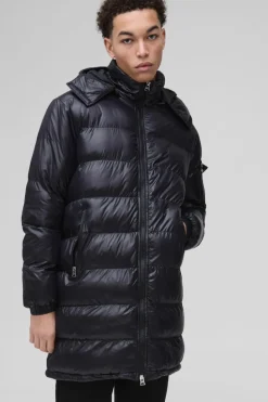 Flash Sale boohooMAN Longline High Shine Hooded Puffer Jacket in black