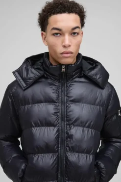Flash Sale boohooMAN Longline High Shine Hooded Puffer Jacket in black