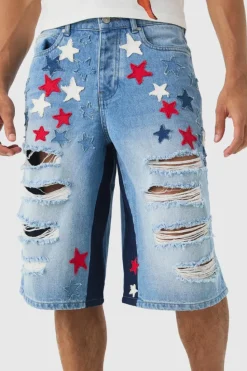 Flash Sale boohooMAN Longline Star Applique Gusset Denim Jorts In light blue