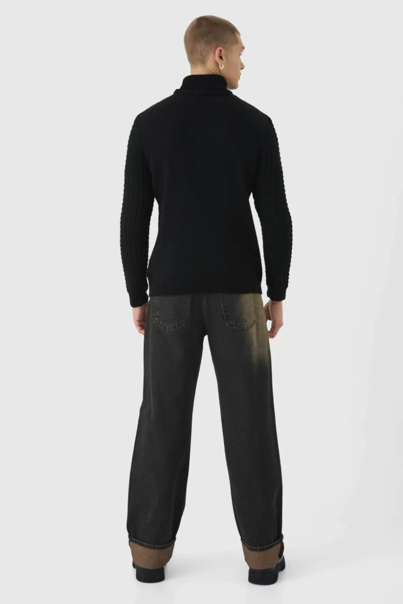 Clearance boohooMAN Long Sleeve Cable Knit Roll Neck Jumper In black