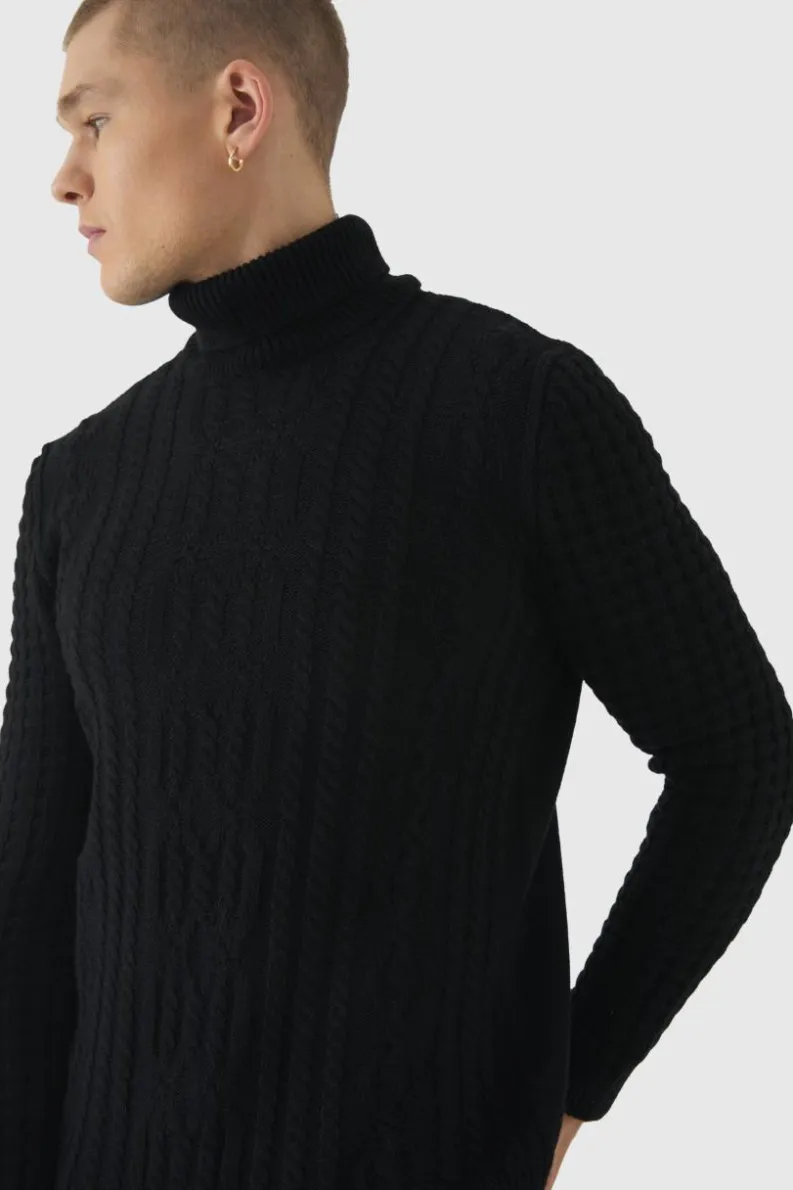 Clearance boohooMAN Long Sleeve Cable Knit Roll Neck Jumper In black