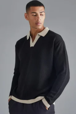 Outlet boohooMAN Long Sleeved Oversized Contrast Collar Knitted Polo black