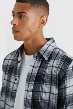 Store boohooMAN Long Sleeve Flannel Check Shirt black
