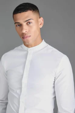 Sale boohooMAN Long Sleeve Grandad Collar Slim Shirt white