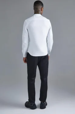 Discount boohooMAN Long Sleeve Grandad Collar Slim Shirt white