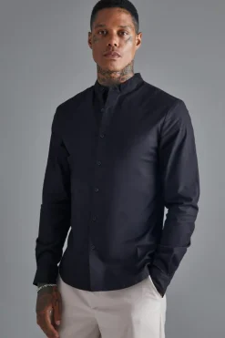 Best boohooMAN Long Sleeve Grandad Collar Slim Shirt black