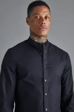 Best boohooMAN Long Sleeve Grandad Collar Slim Shirt black