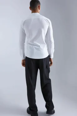 Cheap boohooMAN Long Sleeve Grandad Collar Stretch Fit Shirt white