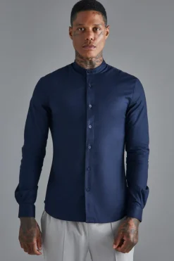 Best boohooMAN Long Sleeve Grandad Collar Stretch Shirt navy