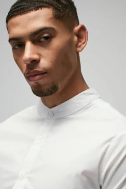 Best Sale boohooMAN Long Sleeve Grandad Collar Stretch Fit Shirt white