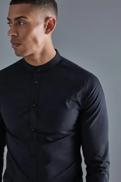 Online boohooMAN Long Sleeve Grandad Collar Stretch Shirt black