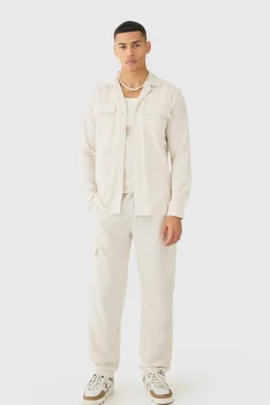Store boohooMAN Long Sleeve Linen Cargo Shirt & Trouser natural