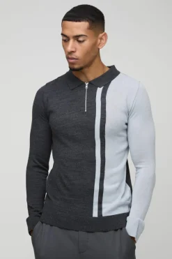 Store boohooMAN Long Sleeve Muscle Fit Colour Block Knit Polo charcoal
