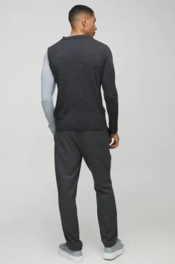 Store boohooMAN Long Sleeve Muscle Fit Colour Block Knit Polo charcoal