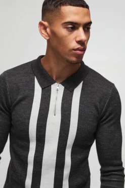 Store boohooMAN Long Sleeve Muscle Fit Stripe Knit Polo charcoal