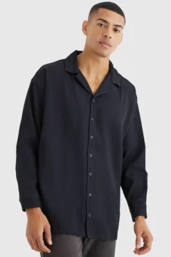 Cheap boohooMAN Long Sleeve Pleated Oversized Shirt black