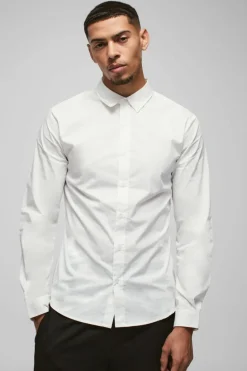 Cheap boohooMAN Long Sleeve Slim Shirt white