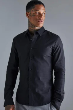 Outlet boohooMAN Long Sleeve Stretch Fit Shirt black