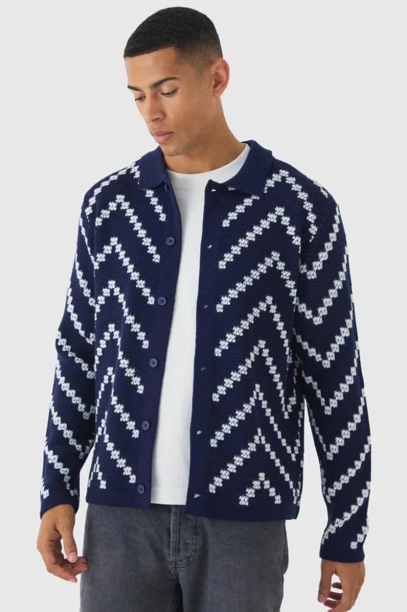 Outlet boohooMAN Long Sleeve Stripe Knit Shirt navy