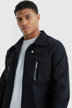 Shop boohooMAN Long Sleeve Technical 3d Pocket Utility Shirt black