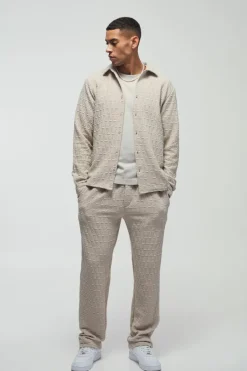 Clearance boohooMAN Long Sleeve Textured Stretch Shirt And Trousers Set stone