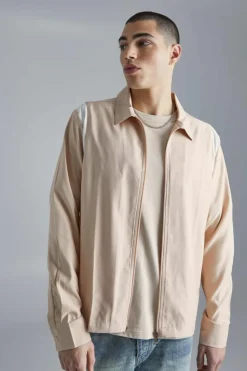 Hot boohooMAN Long Sleeve Varsity Panel Shirt stone